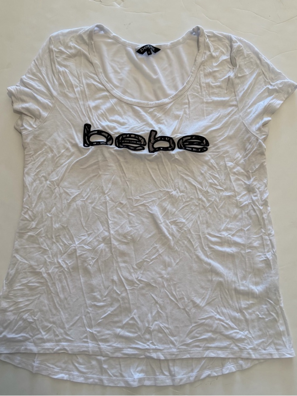 bebe White Scoop Neck Tee with Black Logo